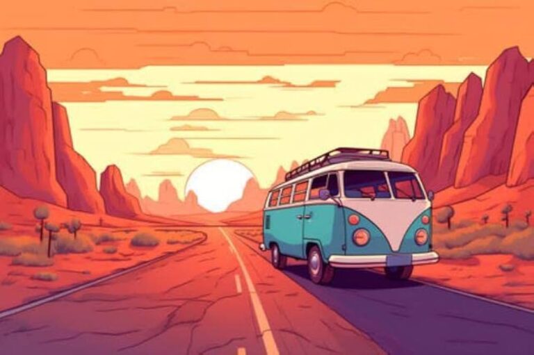 camping car colore sur une route pittoresque