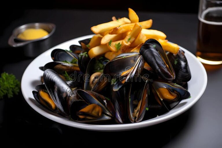 moules et frites sur un marche anime