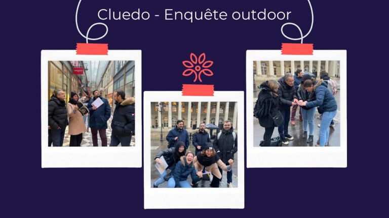 participants jouant au cluedo en exterieur