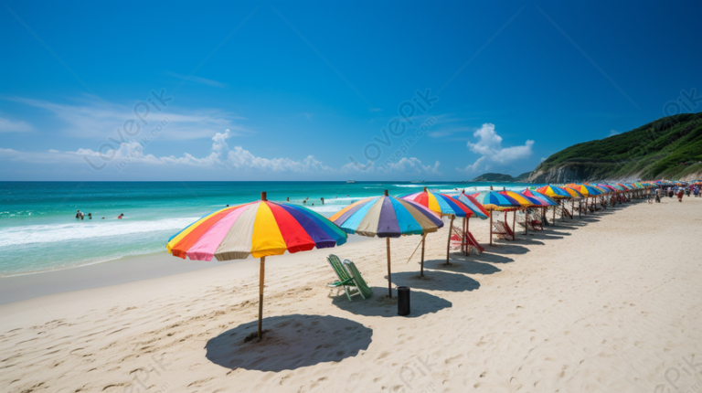 plage ensoleillee avec parasols colores 1