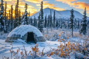 un igloo entoure de paysages enneiges